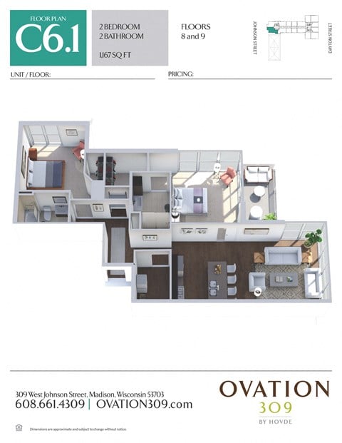 Floor plan for 2 beds, 2 baths, 1167 sqft